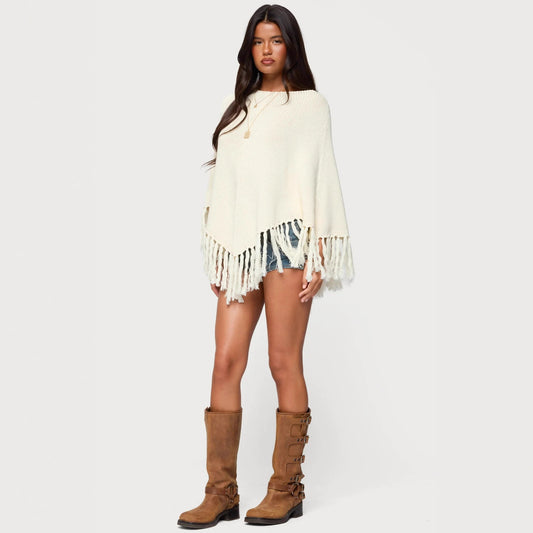 Womens Solid-Color Tassel Wool Top