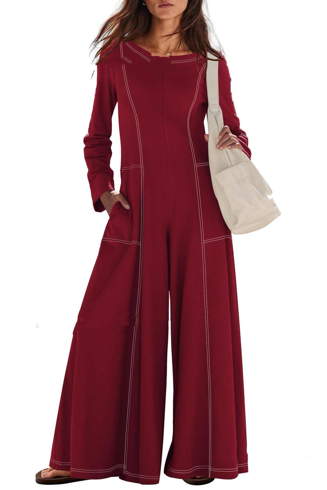 Women's Fashionable Casual Contrasting-Color Striped Long-Sleeve Jumpsuit