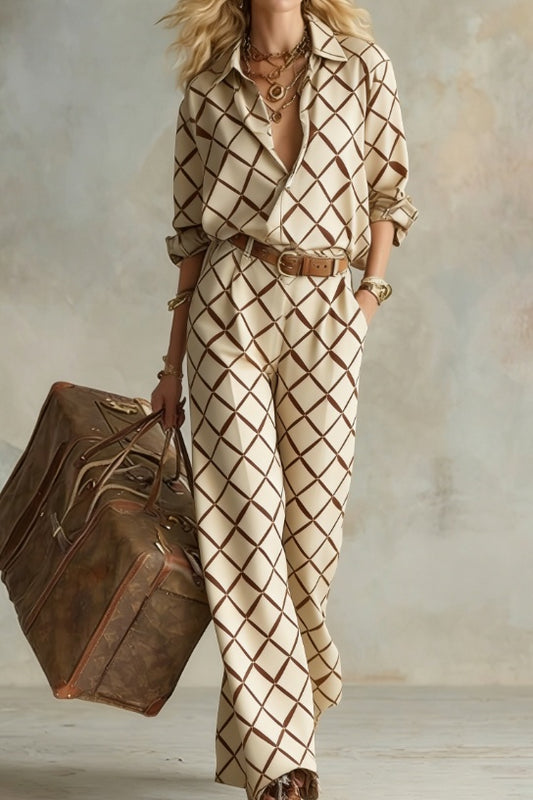 Vertical Striped Collared Loose Long-sleeved Shirt And Wide-leg Pants Suit