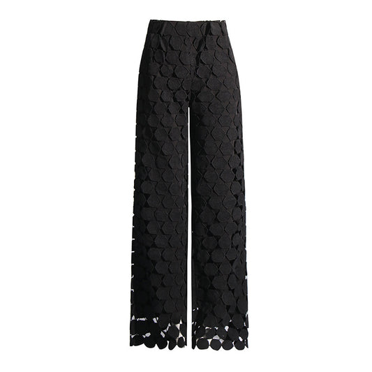 Fashionable Elegant Round Design Tassel Hollow-out Embroidered High Waist Wide-leg Pants