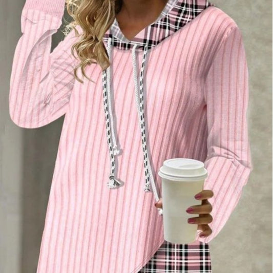Knitted Stitching Contrast Color Jacquard Hooded Long Sleeve Sweater