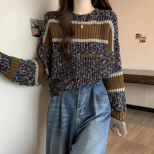 Vintage Stripe Contrast Color Crew Neck Pullover Sweater