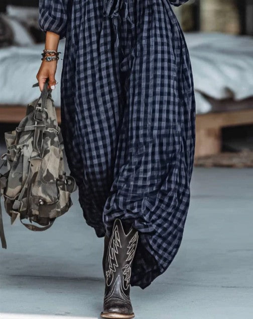 Japanese-style Retro Color-block Plaid Long-sleeve Dress