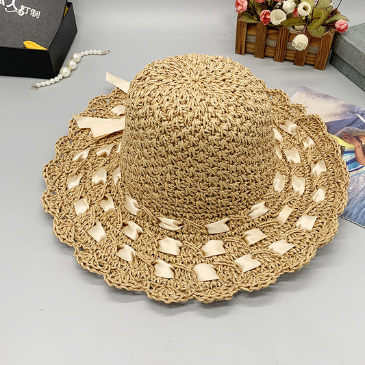 New Flat Big Brim Female Shade Dome Beach Hand Crochet Straw Hat