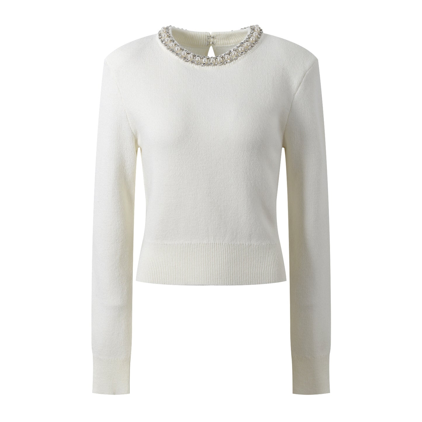 Rhinestone-embellished Crew-neck Cropped Figure-flattering Knit Sweater For Petite Women