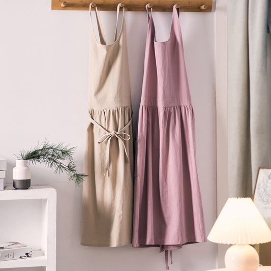 Household Cotton Linen Round-neck Apron Japanese And Korean Style Artistic