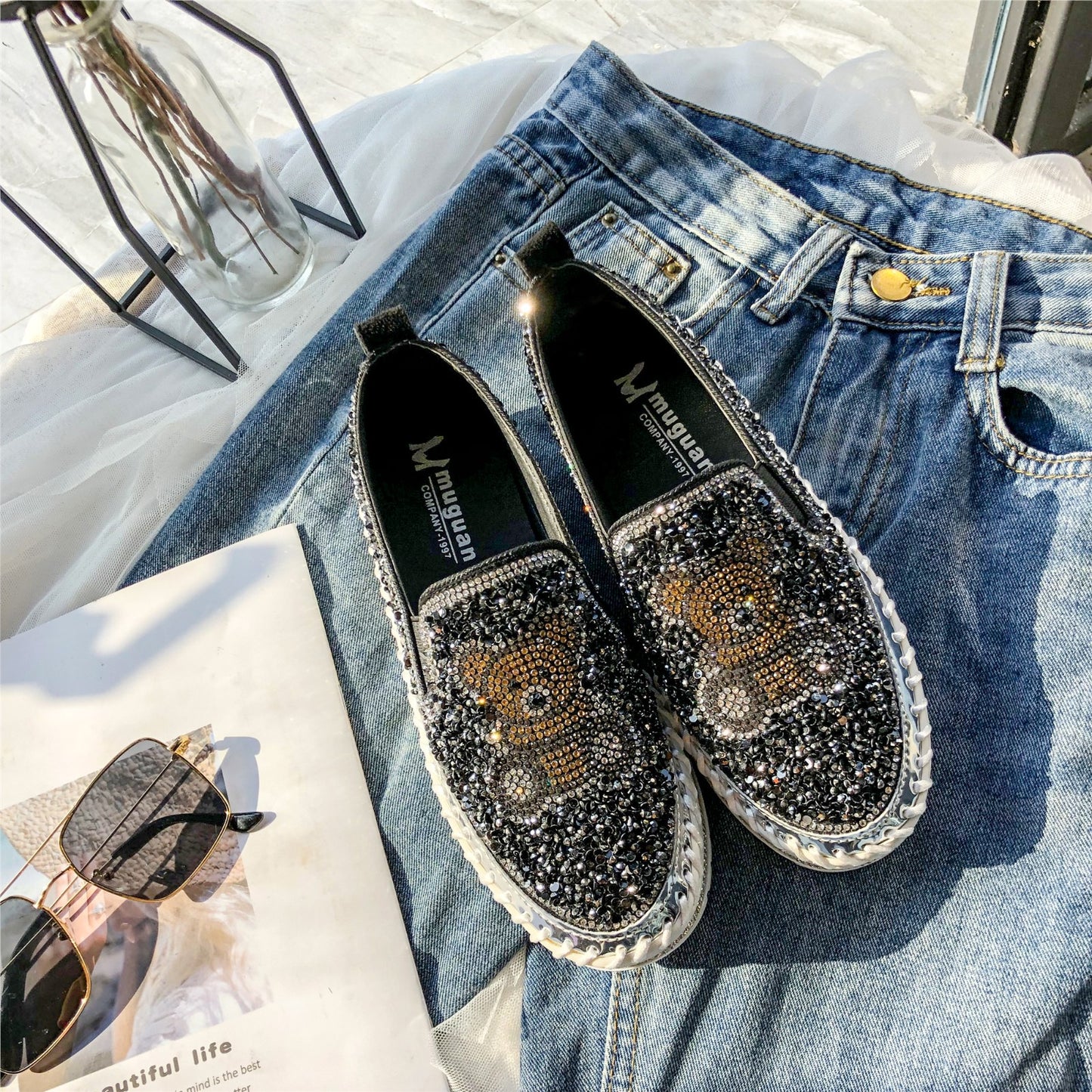 Korean Version Versatile Fashion Diamond Heelless Shoes
