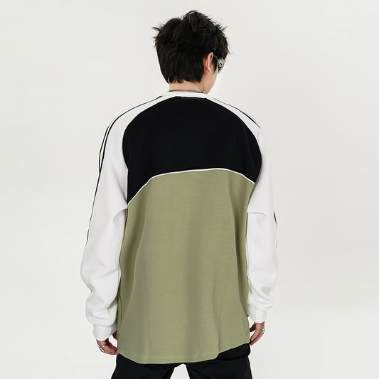Ribbon Stitching Raglan Sleeve Round Neck Sweater Men