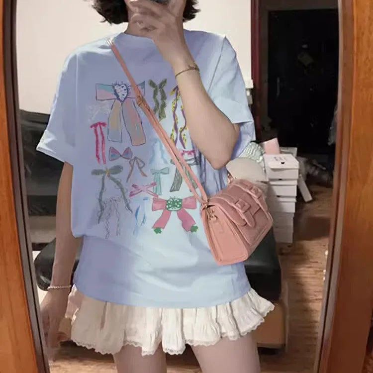 Cotton Short-sleeved T-shirt Idle Style Bow Print