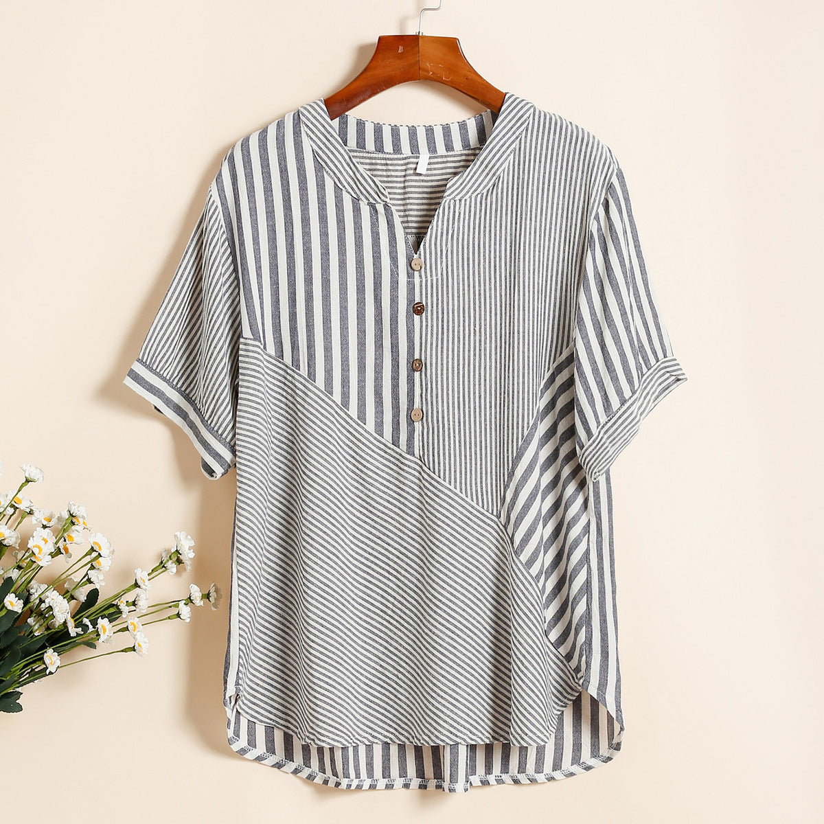 Plus Size Women's Cardigan V-neck Shirt Cotton And Linen Top