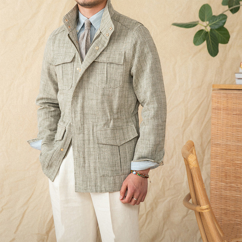 Cotton And Linen Stand-up Collar Cinched M65 Safari Jacket Jacket