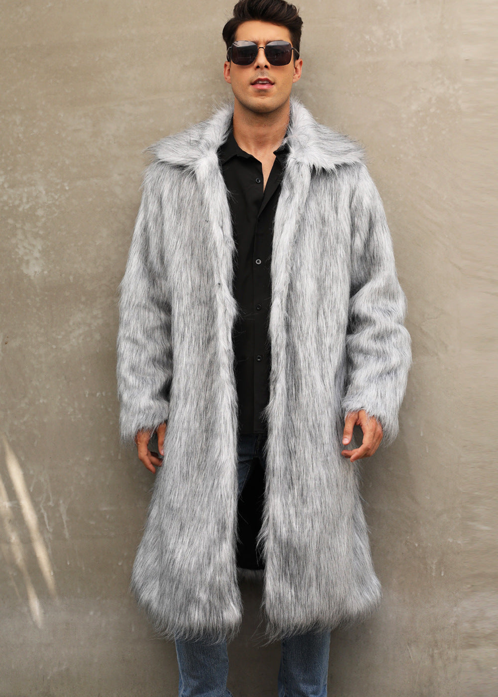 Yellow Lapel Imitation Fox Fur Men's Long Coat