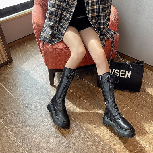 British Style Knee Boots Side Zipper Black