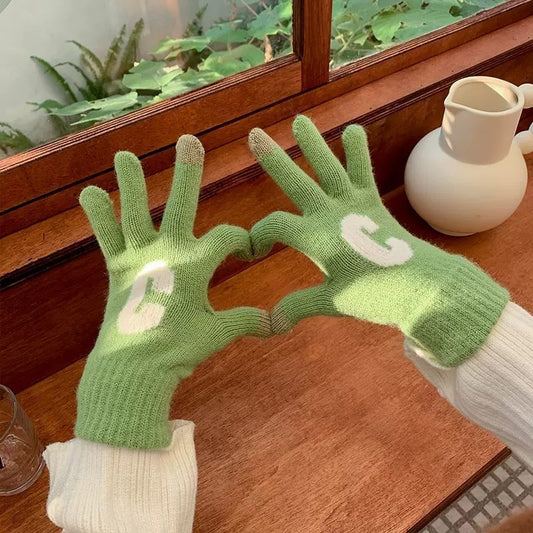 Candy Color Letter C Thick Cute Wool Knitted Warm Gloves