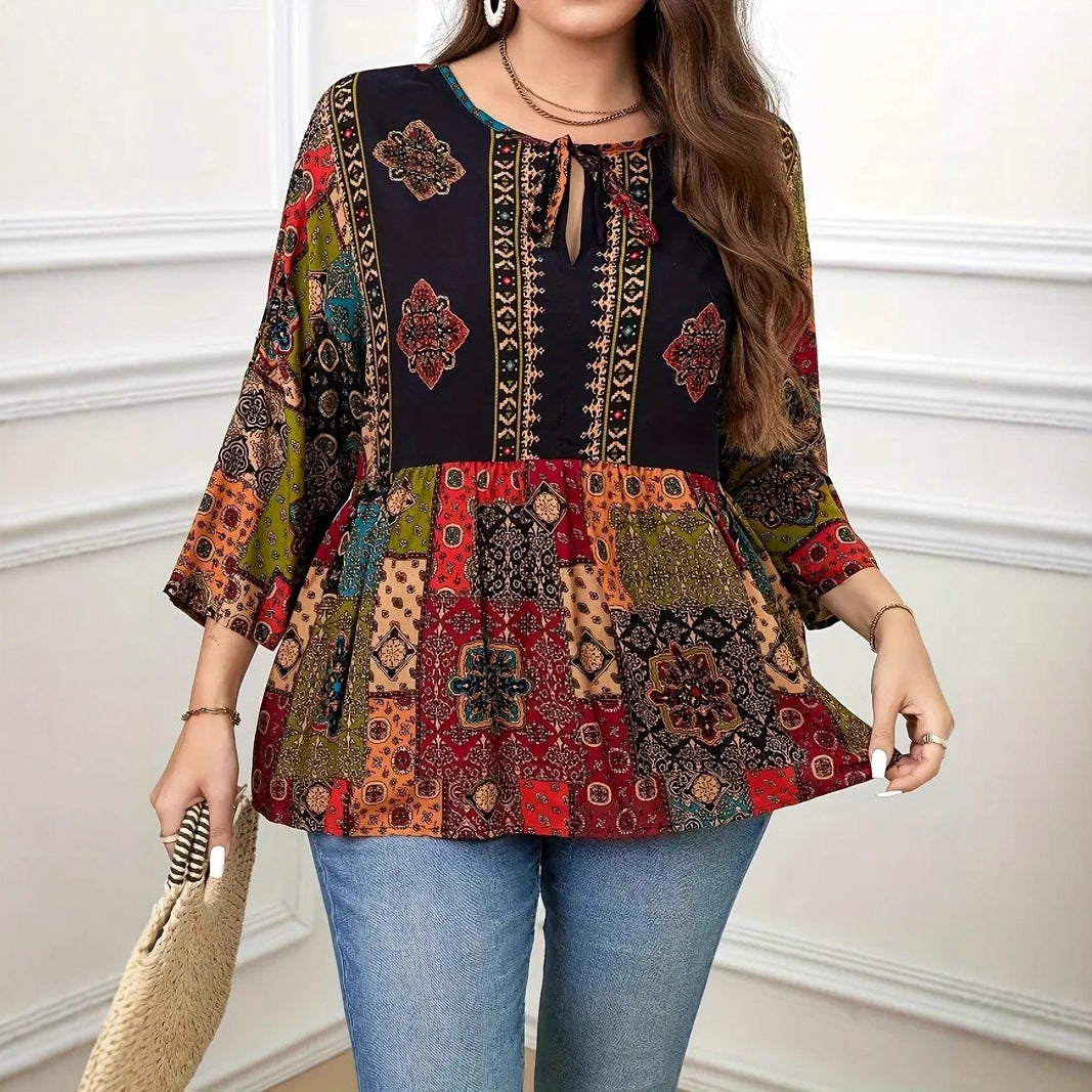Bohemian-print Sweetheart-neck Top With Three-quarter Sleeves