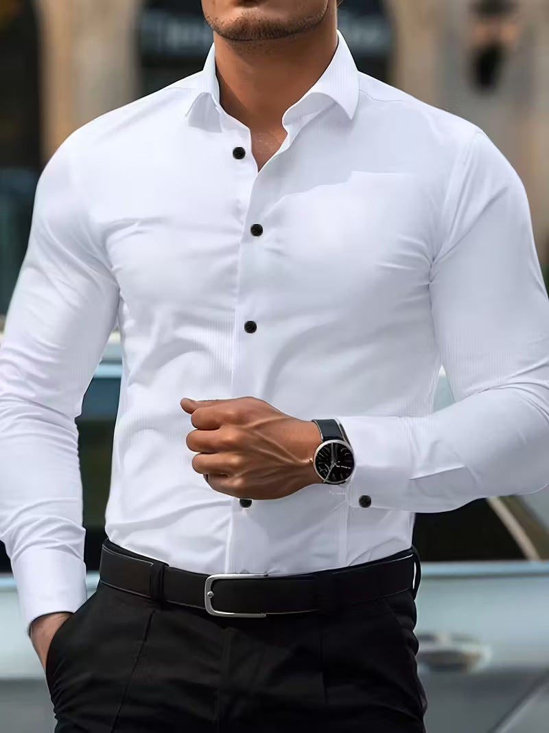 Best-selling Four-Way Stretch White Button-Down Mens Plus-Size Shirt