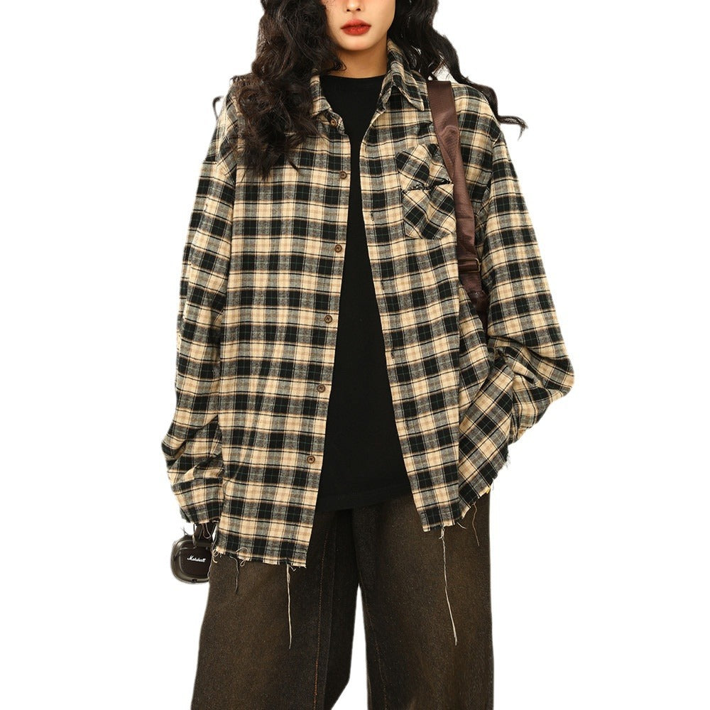 Womens Retro Maillard Loose All-Match Plaid Blouse