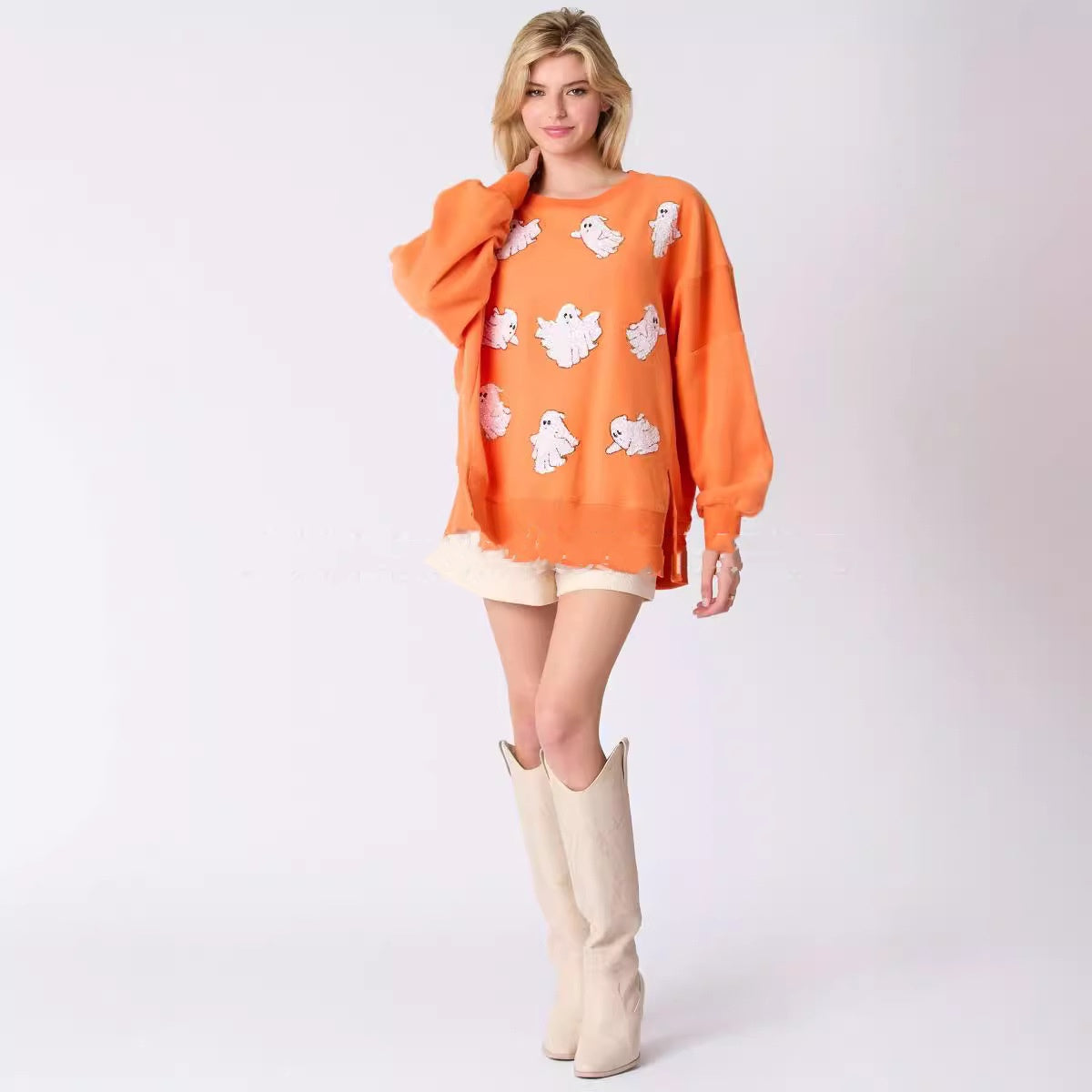 Dame Halloween Spøgelse Paillet Top Afslappet Løs Sweatshirt