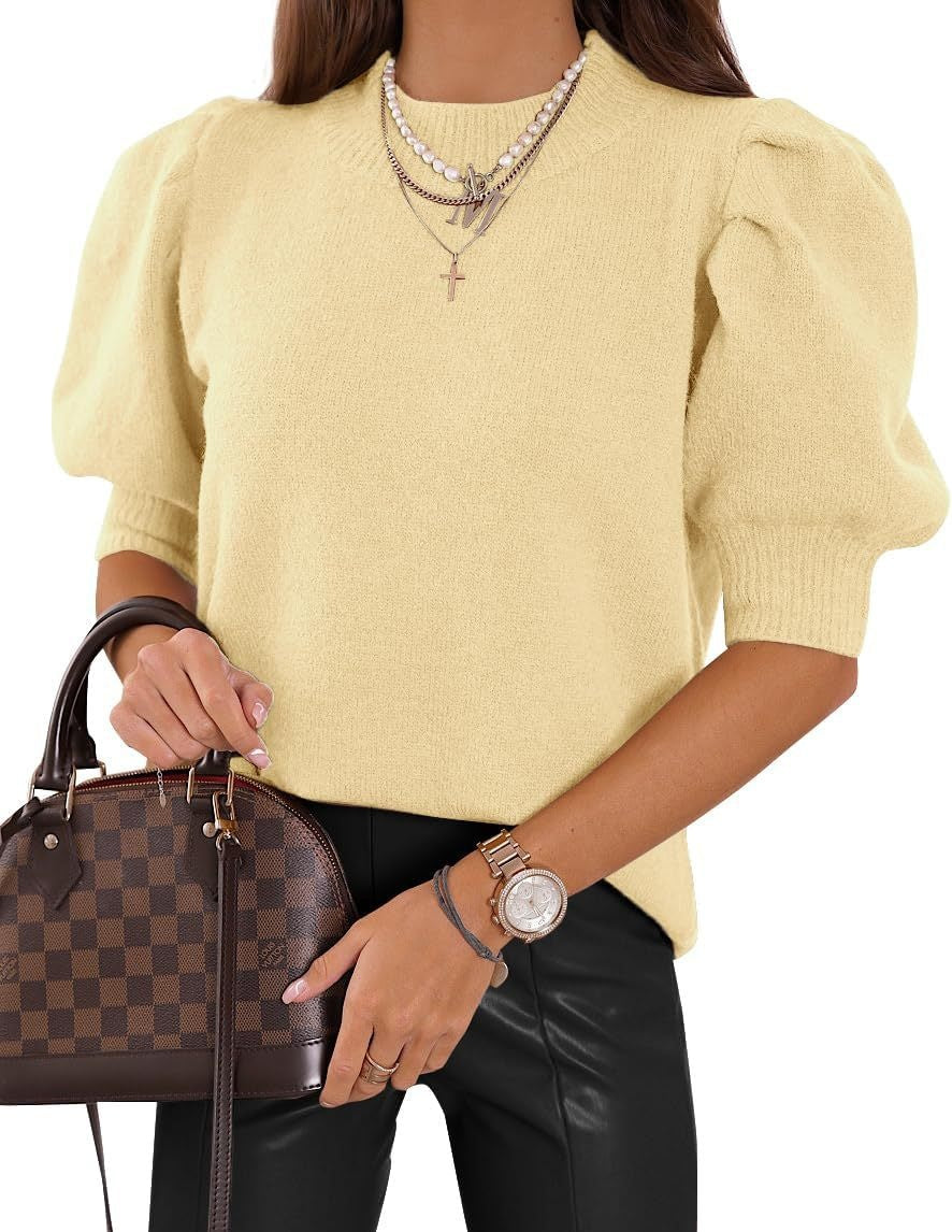 Half Turtleneck Lantern Sleeve Sweater Short Sleeve Pleated Sweater