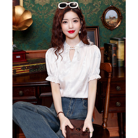 Real Shot New Chinese Style Retro National Style Buckle Jacquard Shirt For Women