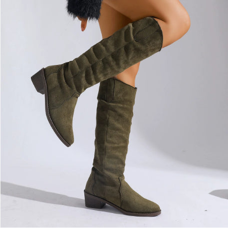 Women's Suede Pointed Chunky Heel Pile Style Long Biker Boots