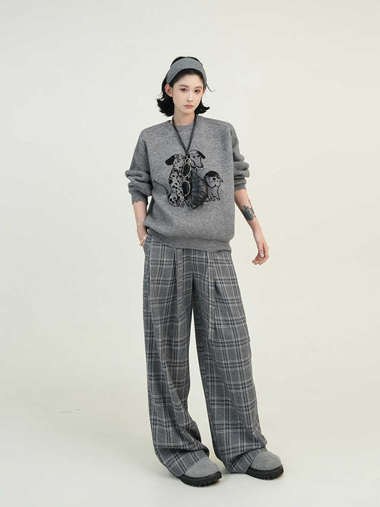 Cartoon Printed Round Neck Long Sleeve Knitted Sweater For Women