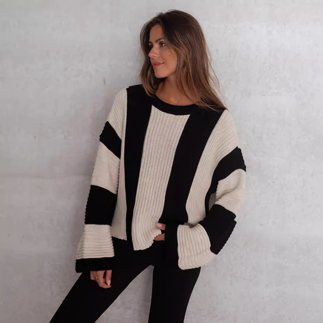 Sweater Ins Style Loose Plus Size Vertical Stripes Contrast Color Round Neck Knitwear Pullover