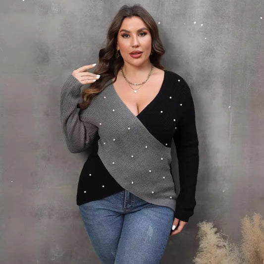 Plus Size Dame Sweater med Farvekontrast Patchwork, Dyb V-hals, Kryds og Sexy Perler