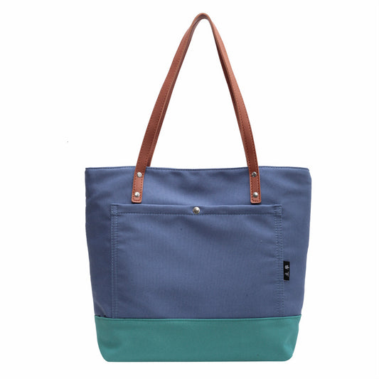 New Japanese And Korean Chic Fashion Color Contrast Canvas Large Capacity Portable Shopping Commuter Shoulder Bag