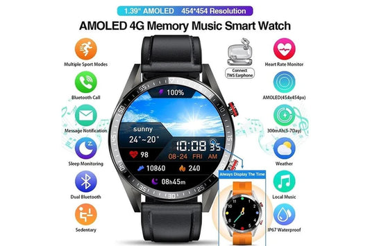 454*454 AMOLED Screen Smart Watch Always Display the Time Bluetooth Call Local Music Smartwatch for Men Android TWS Earphones - Mesh Belt Silver
