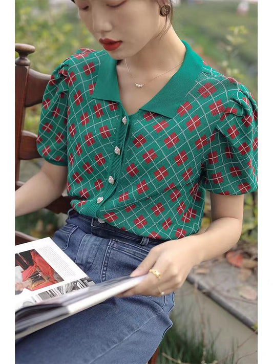 Women's Green Plaid Short-sleeved Knitted Cardigan Jacket