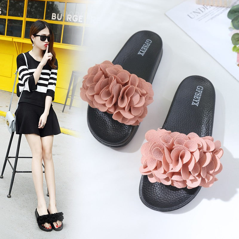 New One Line Women's Large Flat Bottom Flower Beach Sandals