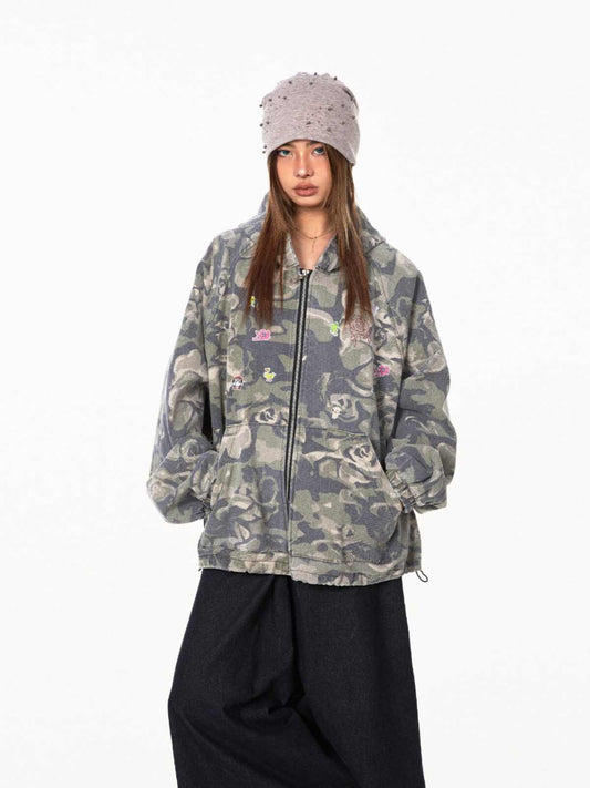 Retro Camouflage Stitching Hooded Jacket For Women Baggy Coat