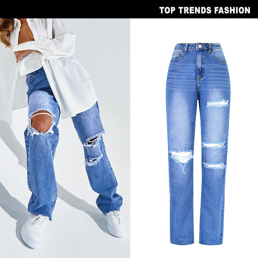 Ripped Damejeans med Høj Talje og Lige Ben