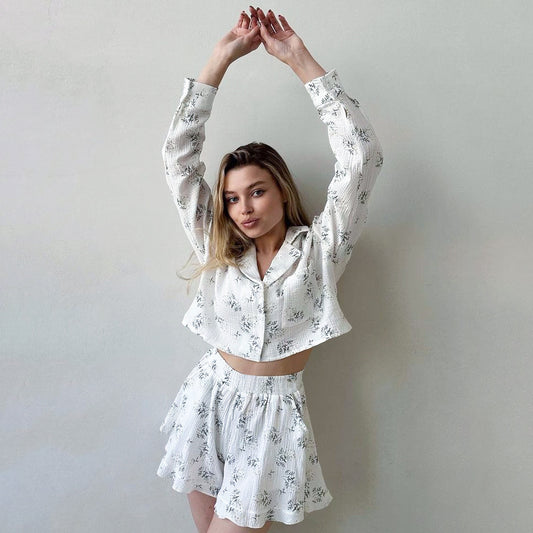 Printed Minimalist Light-Luxury Pajama Set With Long Sleeves And Shorts