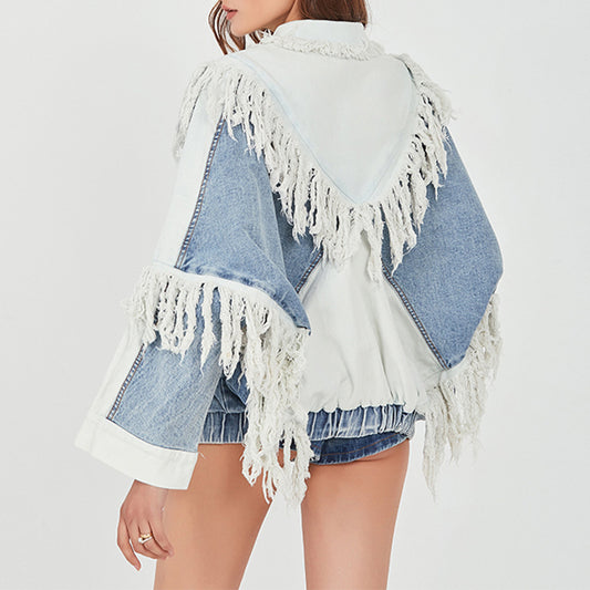 Black And White Stitching Tassel Single-breasted Design Loose Denim Jacket