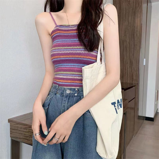 Colorful Striped Knitted Small Suspender Women's Vest