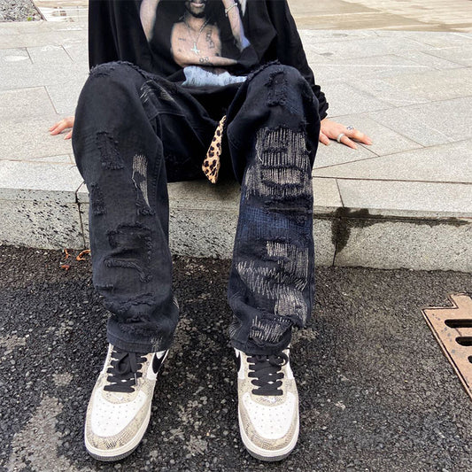 Women's Ripped Personality Knife Cut Loose Straight Jeans