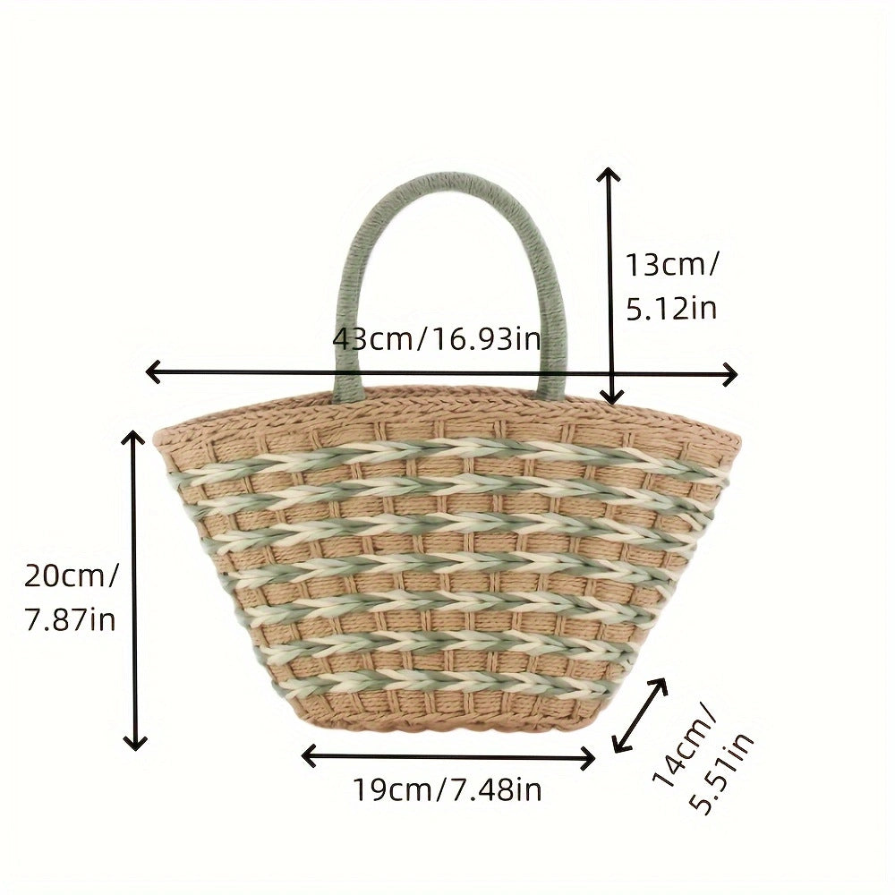 Color-Block Womens Handwoven High-Capacity Shoulder Beach Basket Bag For Vacation