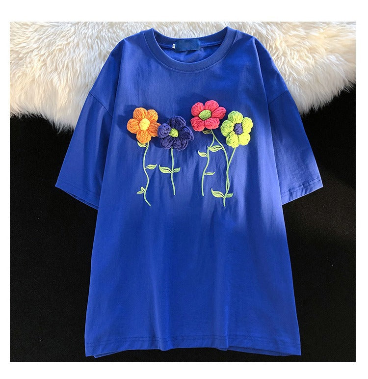 Women's Summer Loose Three-dimensional Flower Short-sleeved T-shirt