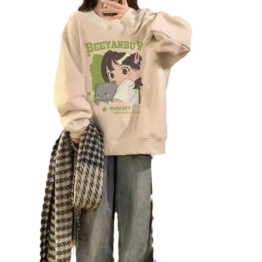 New Autumn And Winter Long-sleeved Sweater Women's Korean-style Fleece-lined Idle Style Round Neck Cartoon Printing