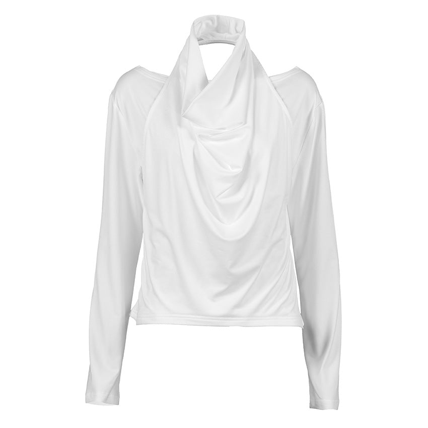 Stylish Halter-Neck Long-Sleeve White T-Shirt For Women