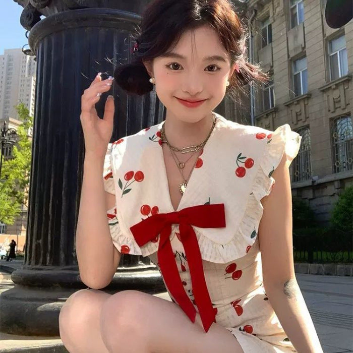 Fitted Slimming Cherry-Print Lapel Dress For Women