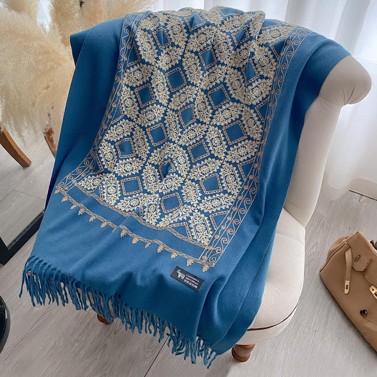 Geometric Jacquard Hanging Tassel Embroidered Shawl For Women