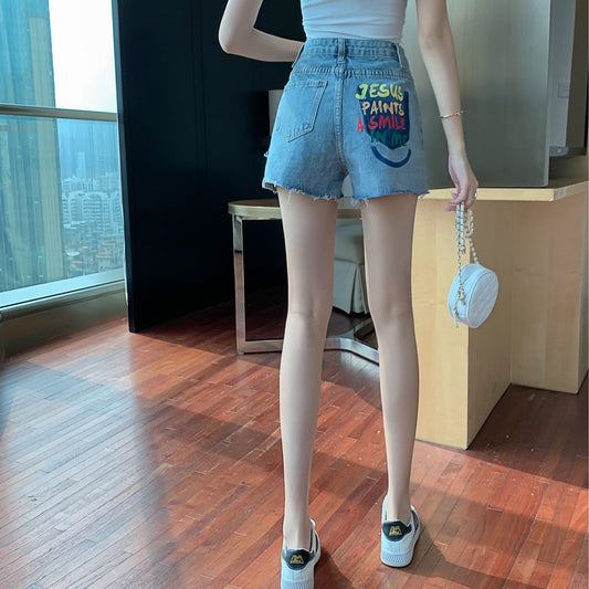 High Waist Printed Lettering Shredded Wide-Leg Shorts