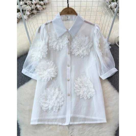 French Minority Unique Chic Shirt Three-dimensional Flower Puff Sleeve Versatile Top