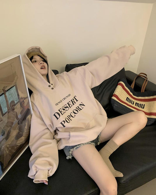 American Retro Letter Print Hooded Sweater Loose