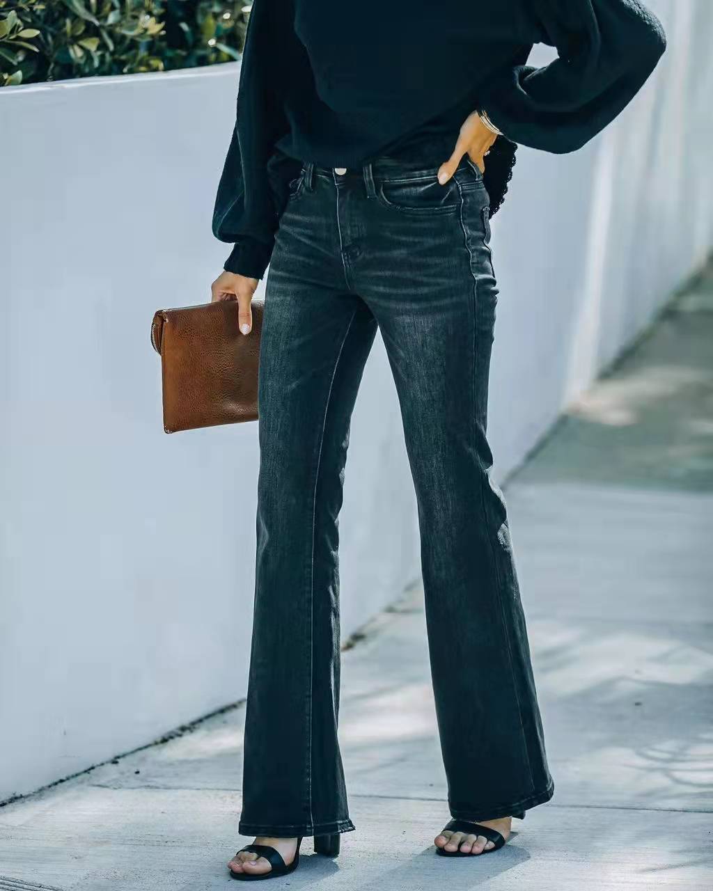New Cross-border Independent Station European And American Foreign Trade Fashion High Waist Stretch Flared Jeans Women's Trousers Black