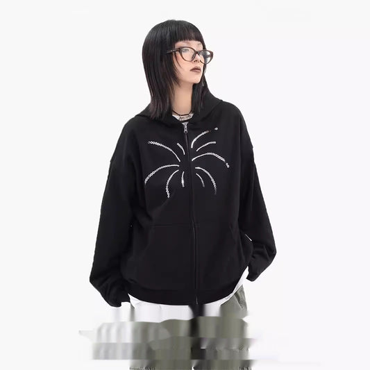 Sequins Hooded Cardigan American Plaid Two-sided Sweater