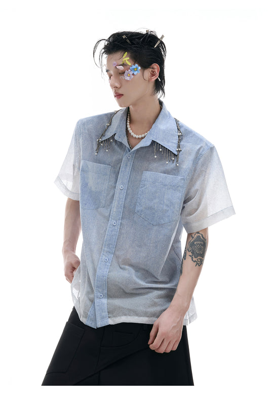 Men's Loose Blue And White Gradient Short Shirt